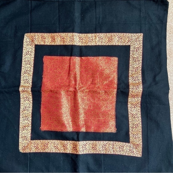 Black Brocade Accent Cushion Cover with Red/Gold Fabric Appliqué - Picture 2 of 3